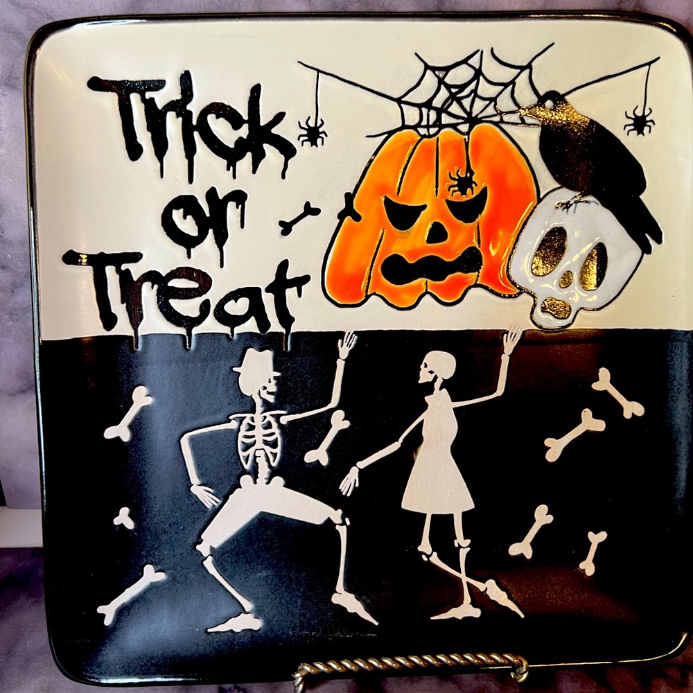 Halloween Dancing Skeleton Couple Stoneware Salad Plate Trick or Treat Party